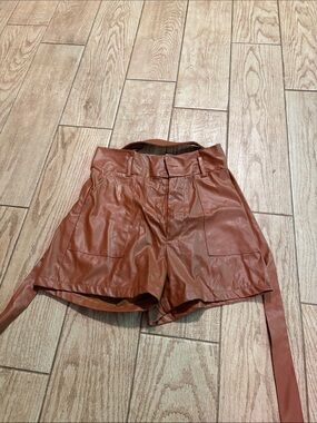 Faux Leather Tie-Waist Shorts — Rust Brown